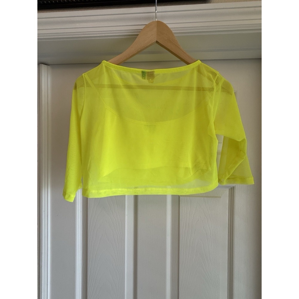 Farm Rio Crop Top Set Womens Neon Yellow Mesh Sheer Layered 2 Piece - Picture 3 of 8